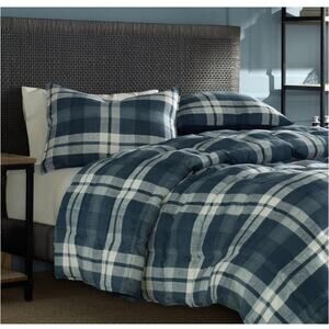 Nautica Queen Comforter Set Navy Plaid Reversible w/ Shams New